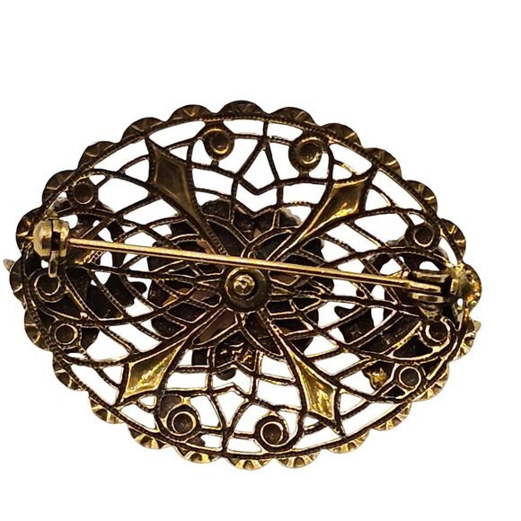 Victorian Style Brooch Pin Rose Filigree Floral Angel Cherub Gold Tone Vtg Lapel - Picture 5 of 7